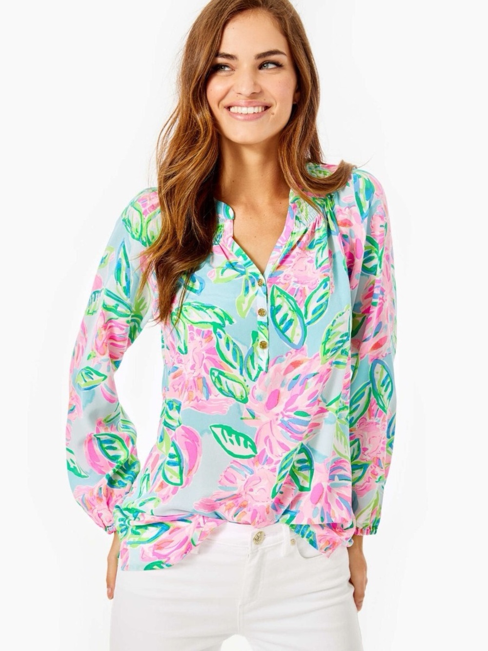 Lilly Pulitzer 100% Silk Elsa Blouse Totally Blossom Size XS